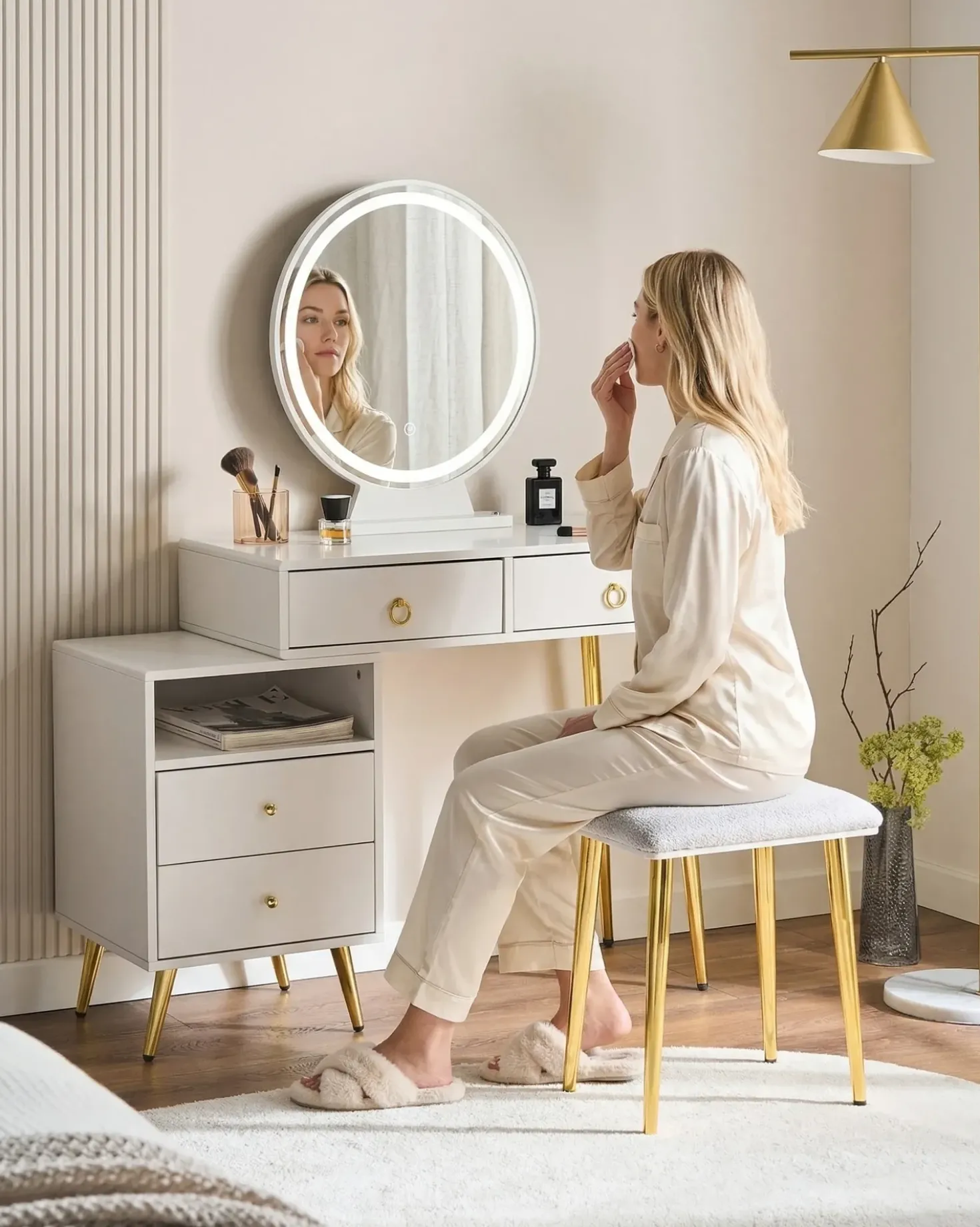 Toeletta con specchio e sgabello YVES LED Bianco