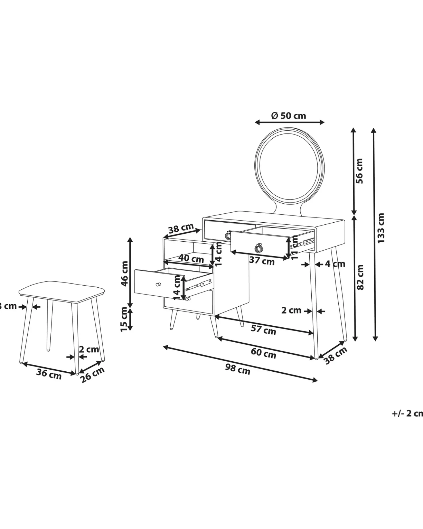 Toeletta con specchio e sgabello YVES LED Bianco