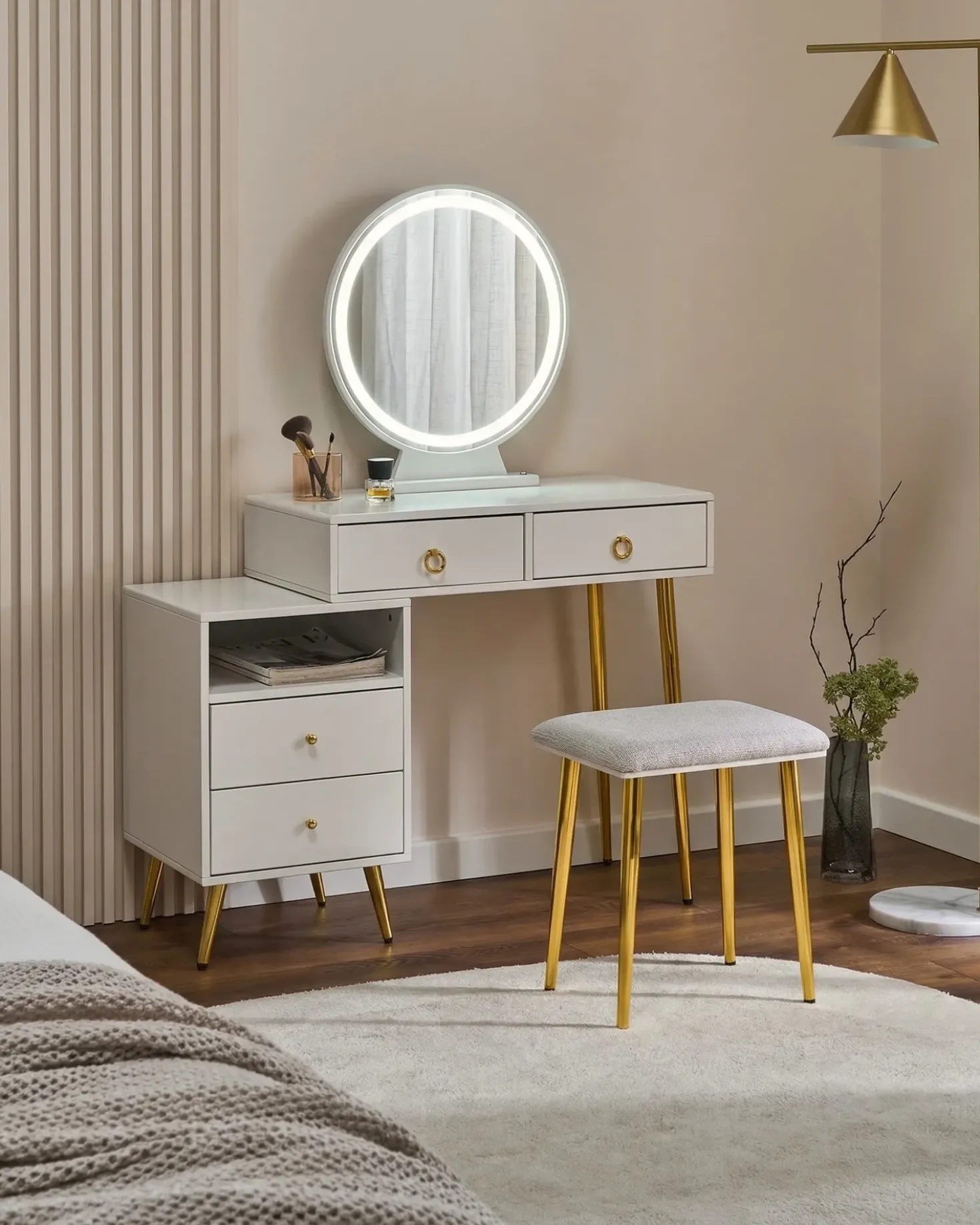Toeletta con specchio e sgabello YVES LED Bianco