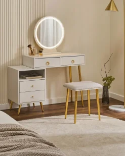 Toeletta con specchio e sgabello YVES LED Bianco