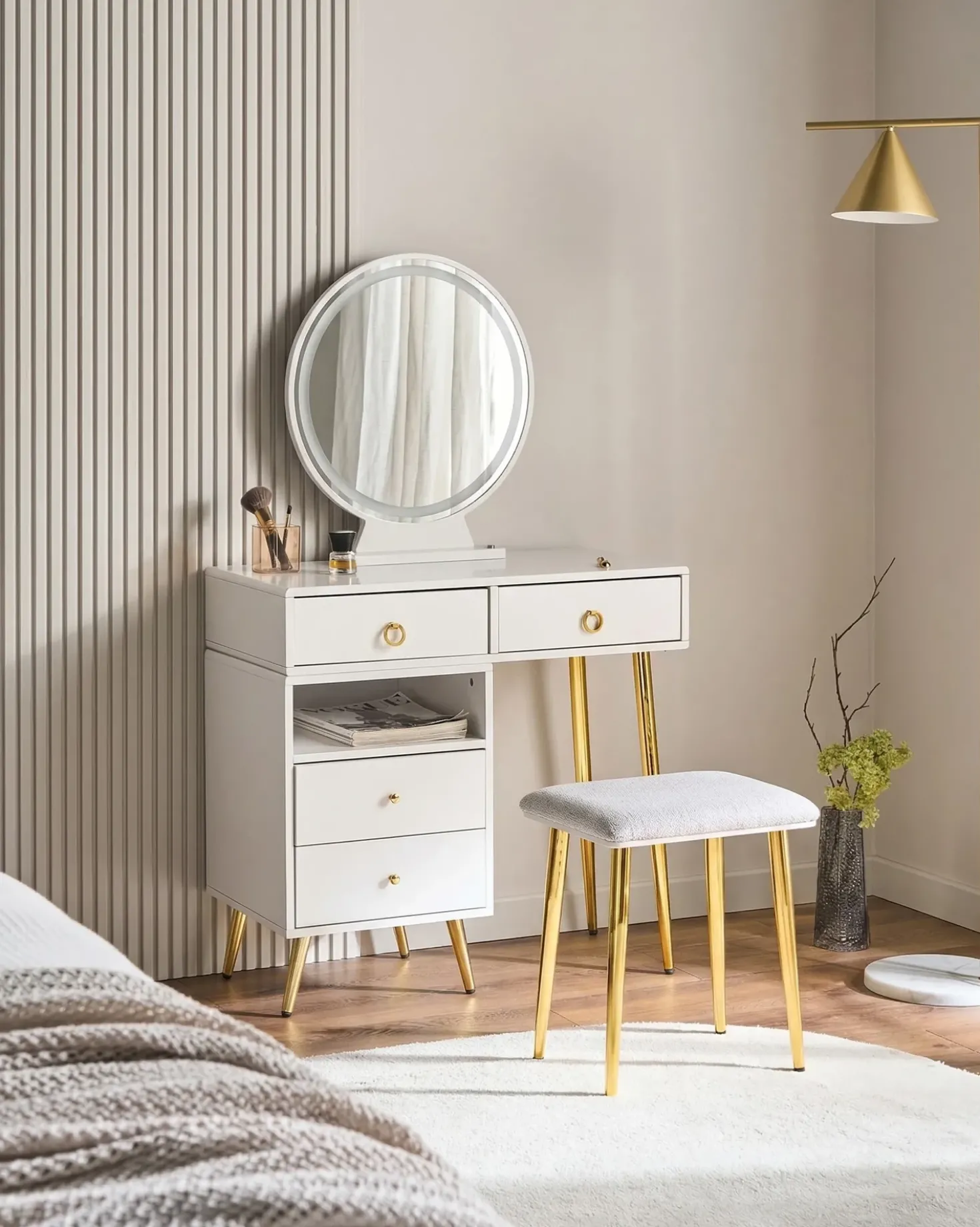 Toeletta con specchio e sgabello YVES LED Bianco