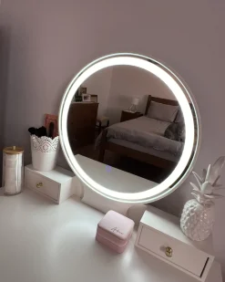 Toeletta con specchio e sgabello AUXON LED Bianco