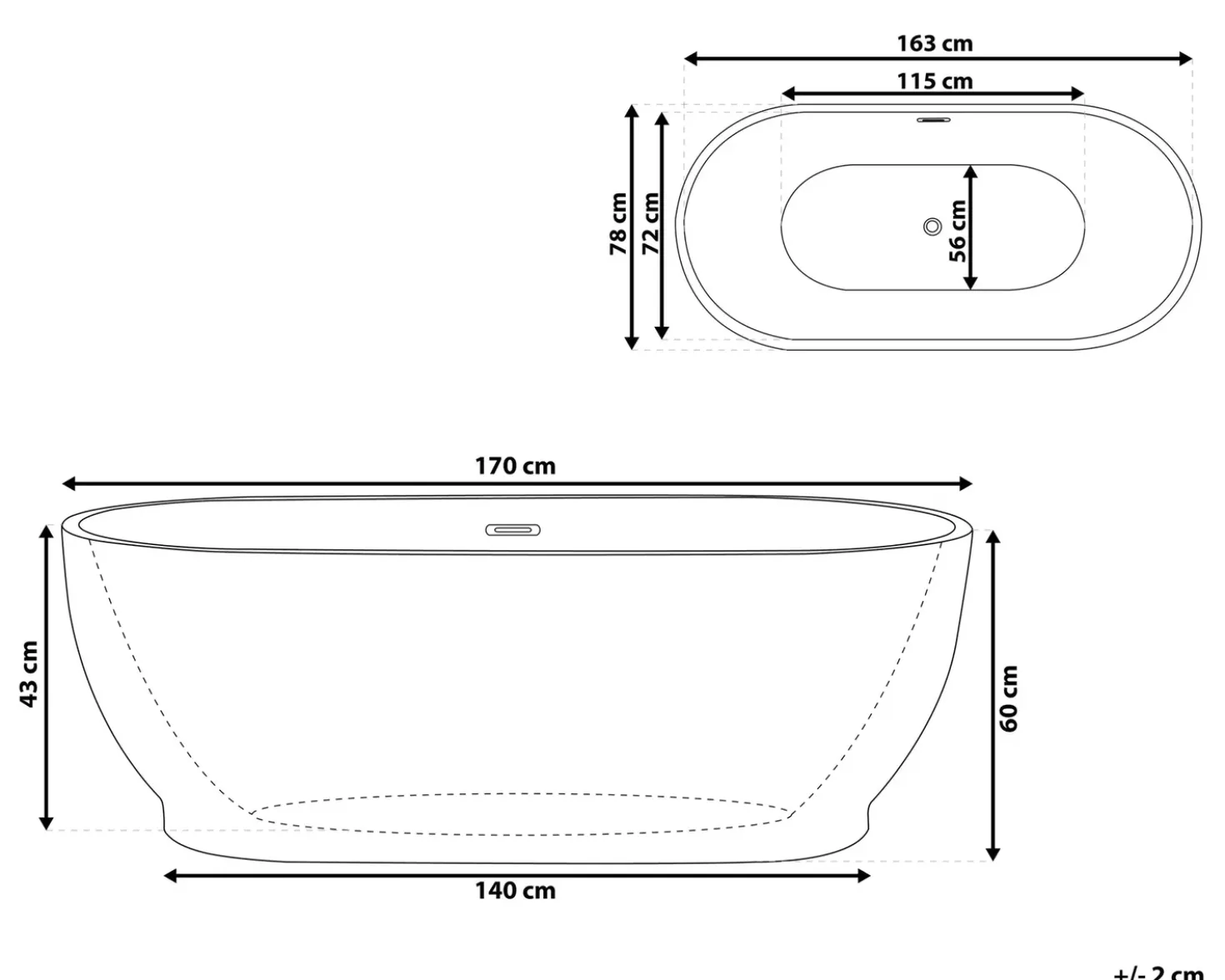 Vasca da bagno freestanding LEVERA 170 x 78 cm Bianco