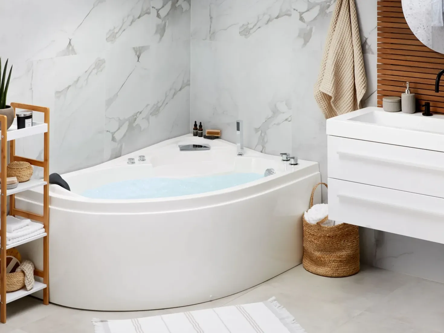 Vasca idromassaggio angolare con LED NEIVA Lato Sinistro 150 x 100 cm Bianco