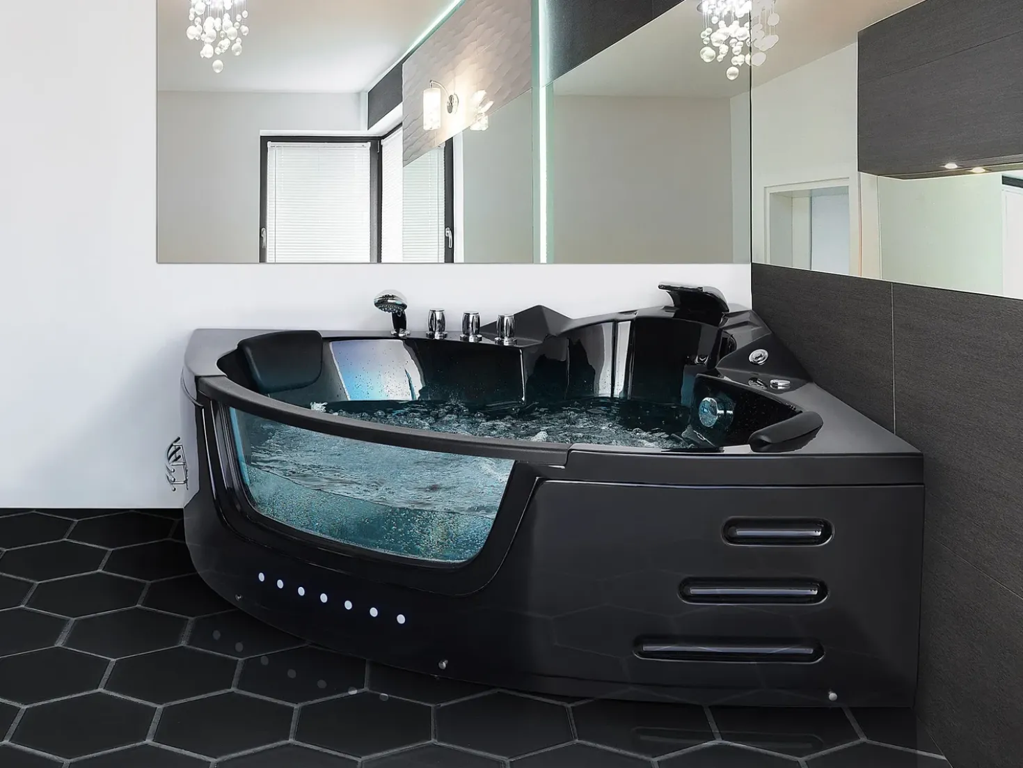Vasca idromassaggio angolare con LED MARTINICA 214 x 155 cm Nero