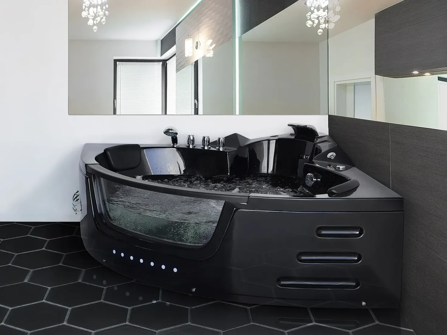 Vasca idromassaggio angolare con LED MARTINICA 214 x 155 cm Nero