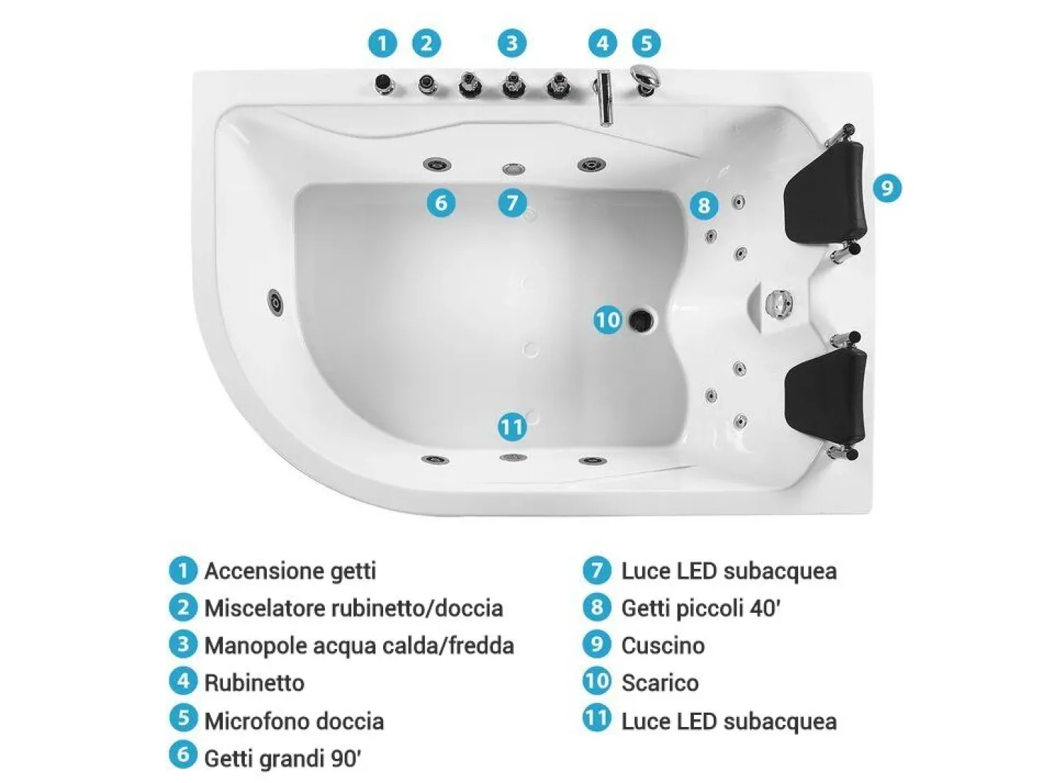Vasca idromassaggio angolare con LED CALAMA Lato Sinistro 180 x 120 cm Bianco