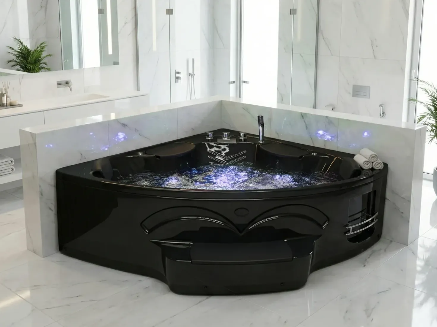 Vasca idromassaggio angolare con LED CUYABENO 211 x 150 cm Nero