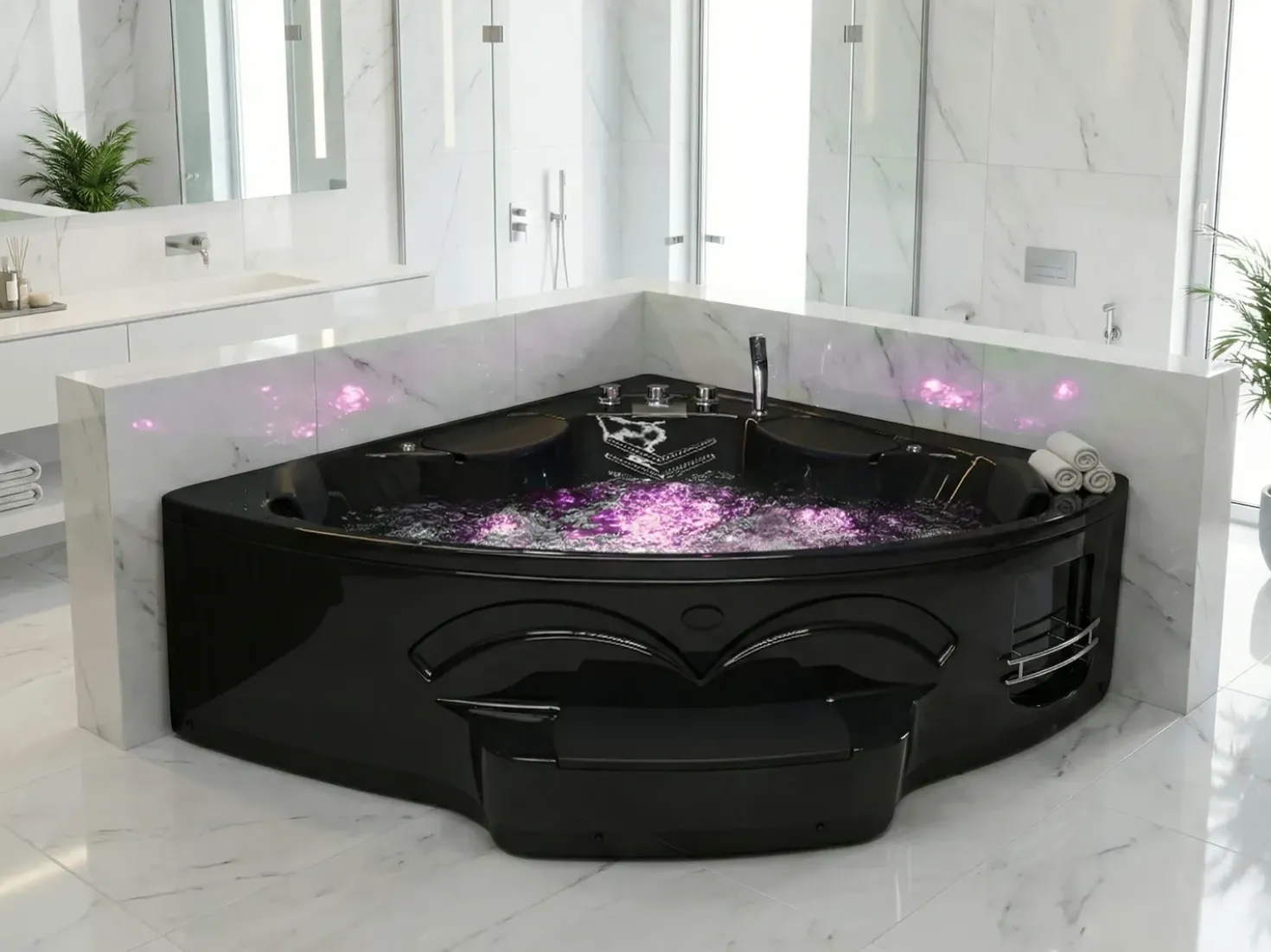 Vasca idromassaggio angolare con LED CUYABENO 211 x 150 cm Nero