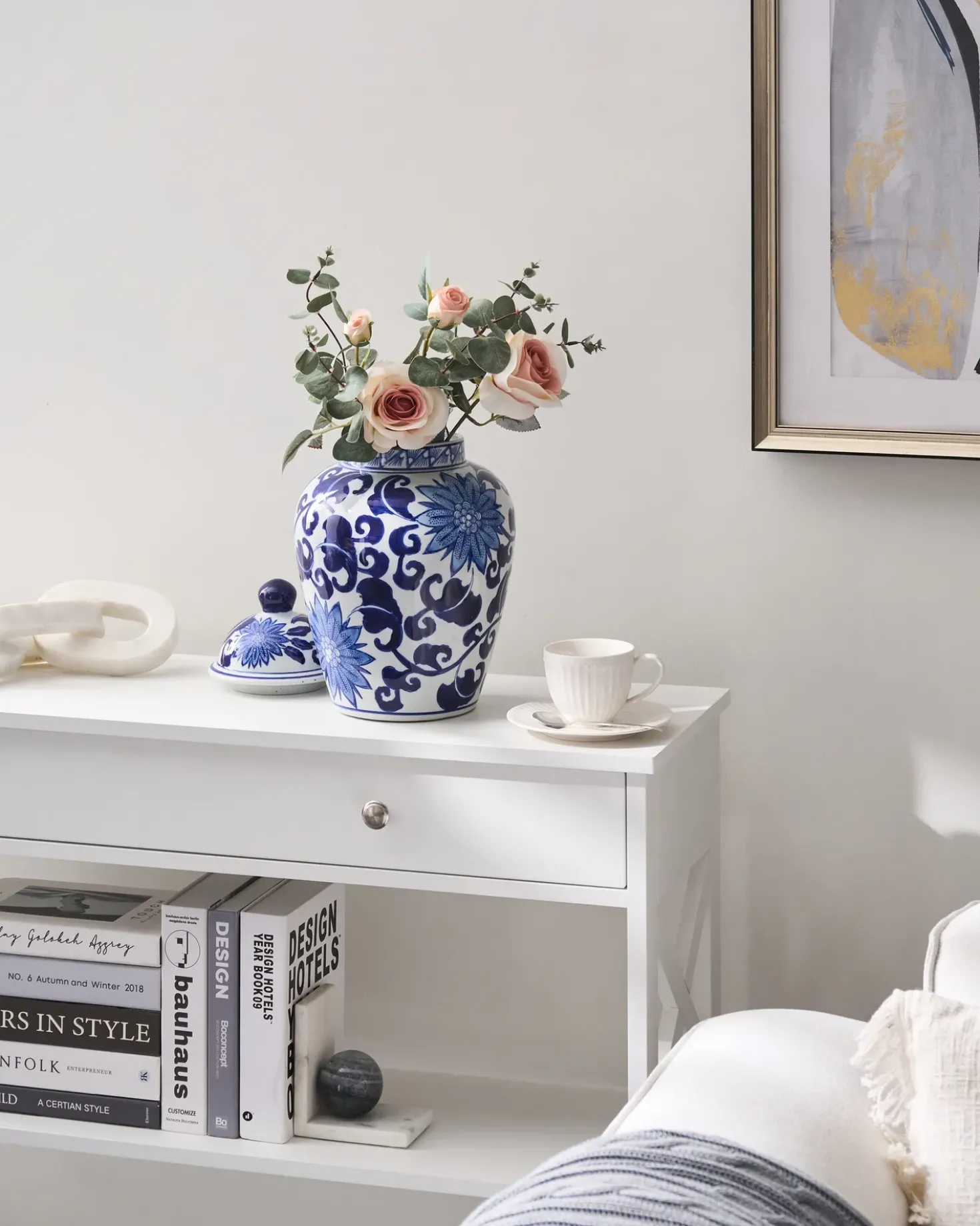 Vaso con coperchio CUENCA Porcellana 36 cm Bianco/Blu