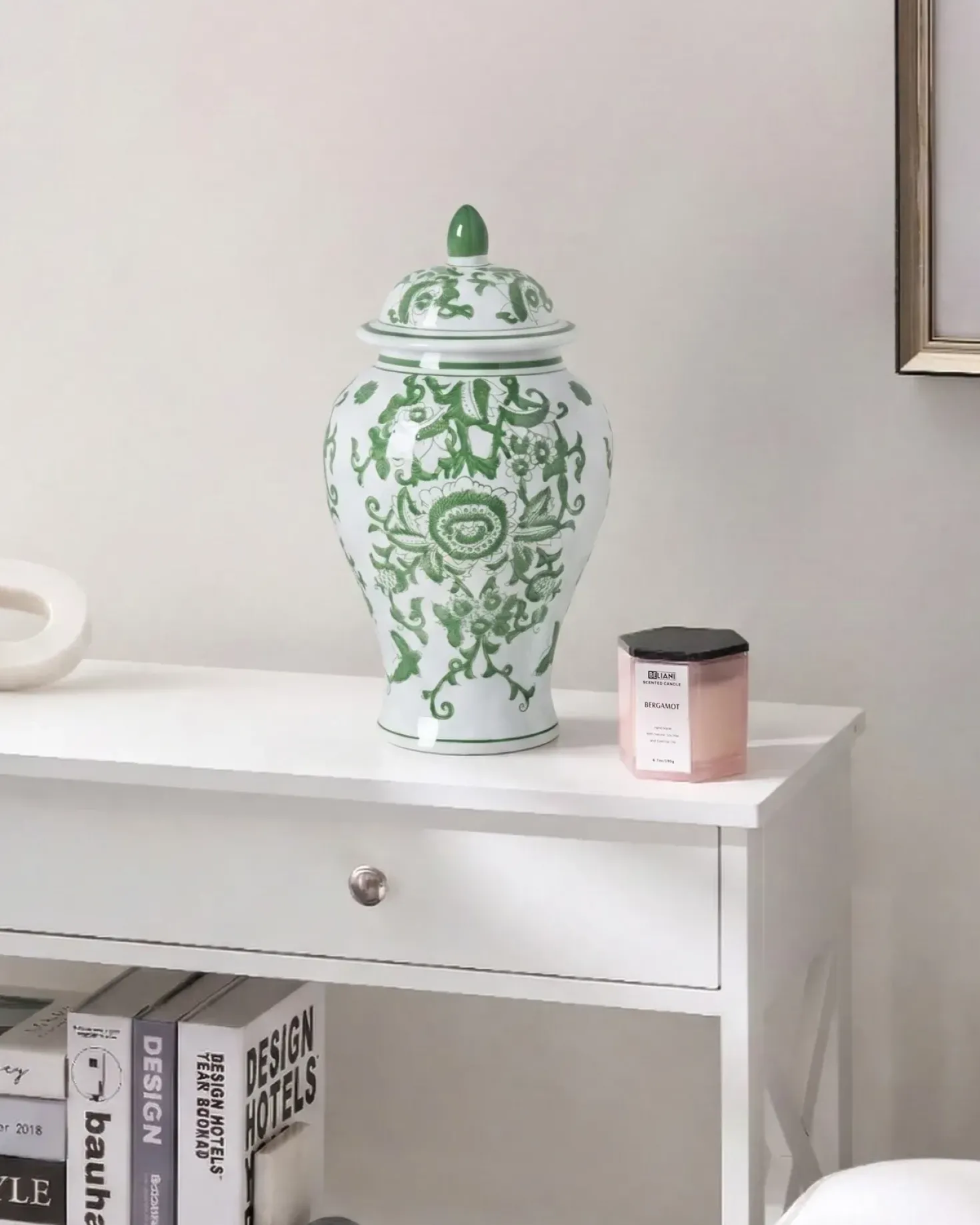 Vaso con coperchio MONDRAGON Porcellana 37 cm Bianco/Verde