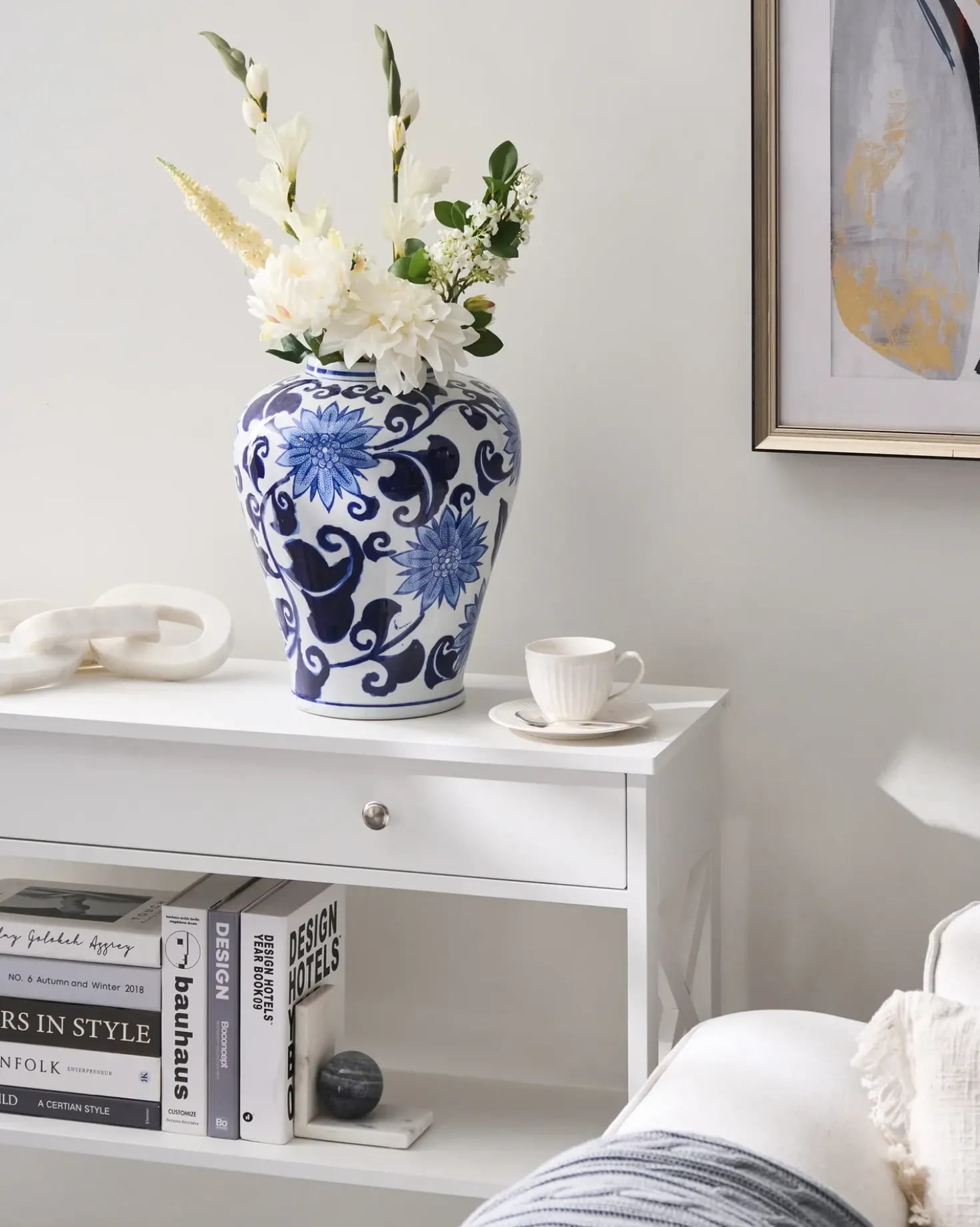 Vaso da fiori GIRONA Porcellana 35 cm Bianco/Blu